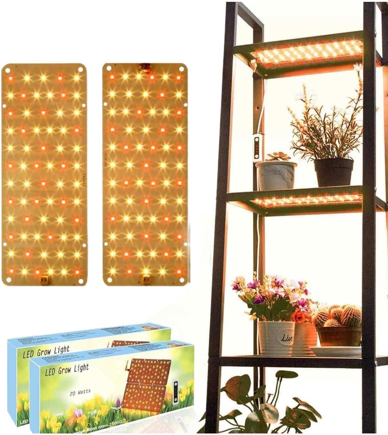 DOMMIA Panel Grow Light for Indoor Plants, 20W Ultra-Thin Full Spectrum LED Grow Light for Shelf & Cabinet, Dimmable with 6/12/16H Timer, Warm White, 2-Pack