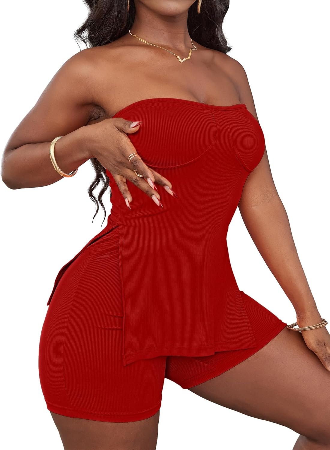 LovelyWholesale Shorts Sets Women 2 Piece Outfits Split Ribbed Tube Tops and Shorts Matching Sets - Image 4