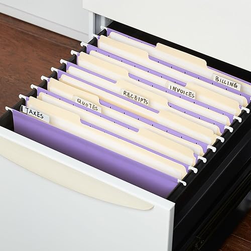 Vista 5 de Staples Carpetas colgantes para archivos, tamaño carta, morado, pestañas de corte 15, resistentes al desgarro, incluye pestañas e insertos, 25