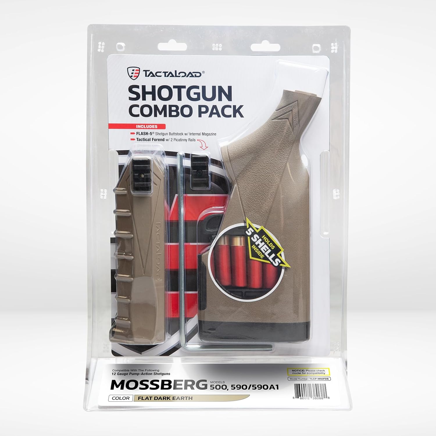 TactaLoad Flash-5 Buttstock and Forend for 12 Gauge Pump-Action Shotguns - Combo Pack - Flat Dark Earth (fits Mossberg 500, 590, 590A1)