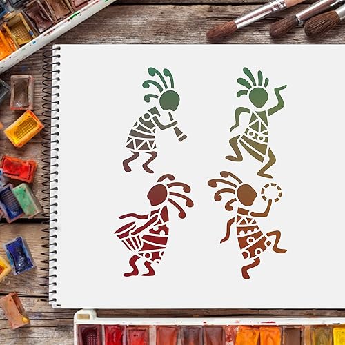 Miniatura 6 de FINGERINSPIRE Plantilla tribal africana de 12 x 12 pulgadas, plantilla de pintura de pared tribal reutilizable, plantilla Kokopelli blanca sobre