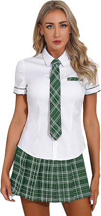 Linjinx Womens School Uniform Cosplay Set Short Sleeve Shirt with Tie and Plaid Skirt Halloween Fancy Dress Outfits