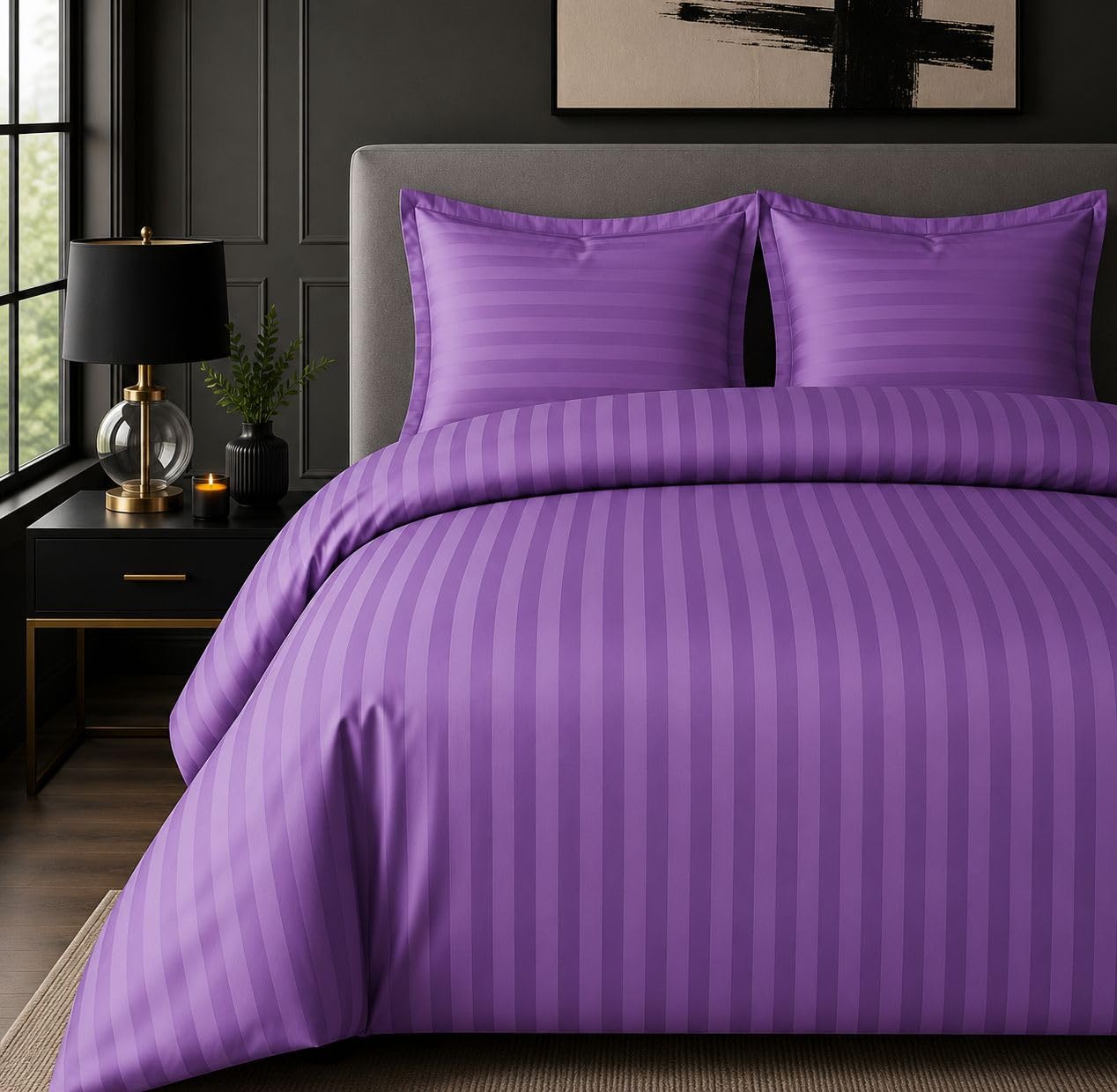 Casabella Satin Stripe Duvet Cover Sets -Luxurious King Purple Bedding with Stripes, King size Duvet Cover Sets, Hotel Quality King Size Duvet & Pillowcases, Purple Satin Stripe Duvet King Size