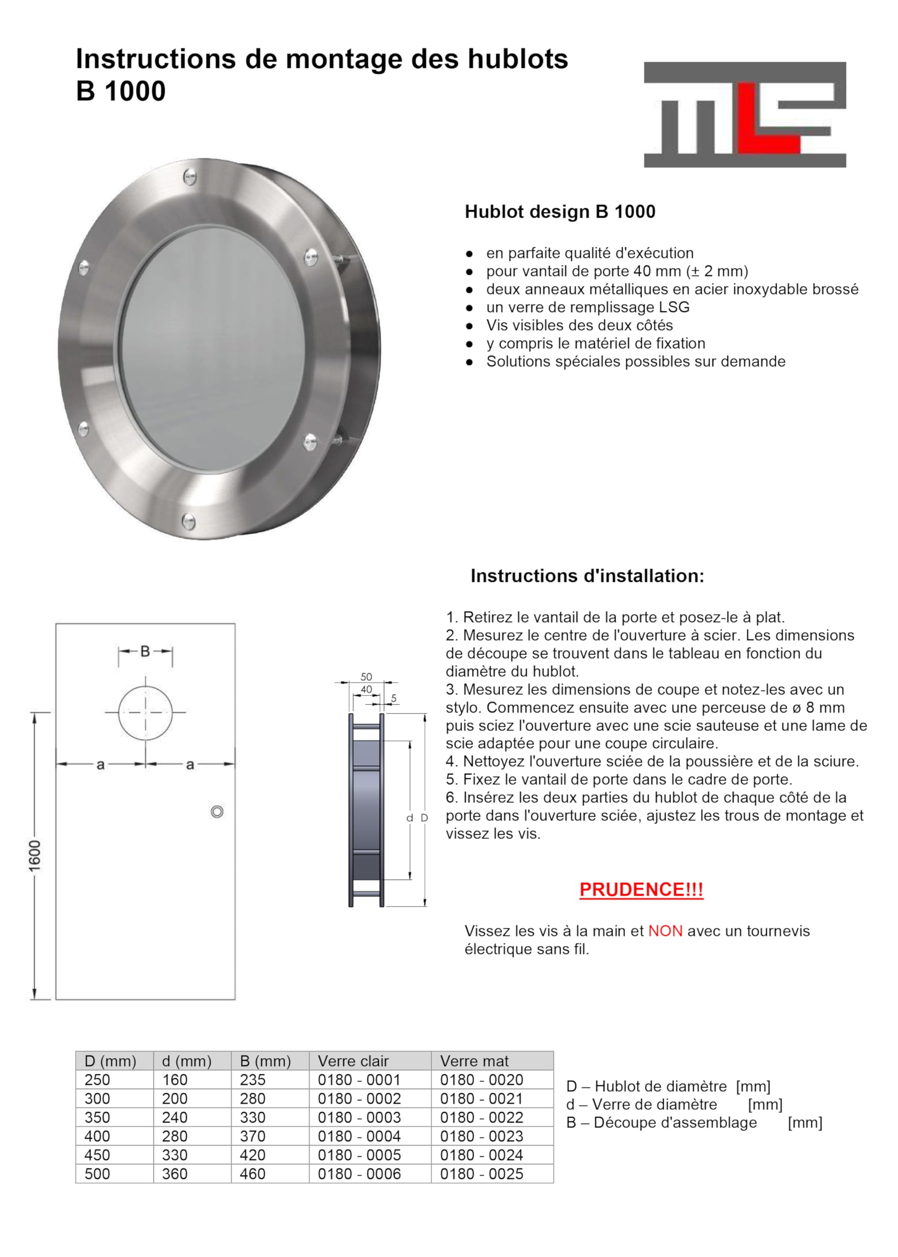 MLS Hublot B1000, Pour Portes, en Acier Inoxydable, Verre de Sécurité Feuilleté, Convient Aux Portes de 40 mm D'épaisseur, Vis de Fixation Visibles des Deux Côtés, 300 mm de Diamètre, Verre Clair