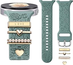 DaQin Flower Engraved Bands Compatible with Samsung Galaxy Watch 8 Band 40mm 44mm/Galaxy Watch 8 Classic 46mm, Soft Silicone Replacement Strap with Fancy Decorative Charms Accessories for Women