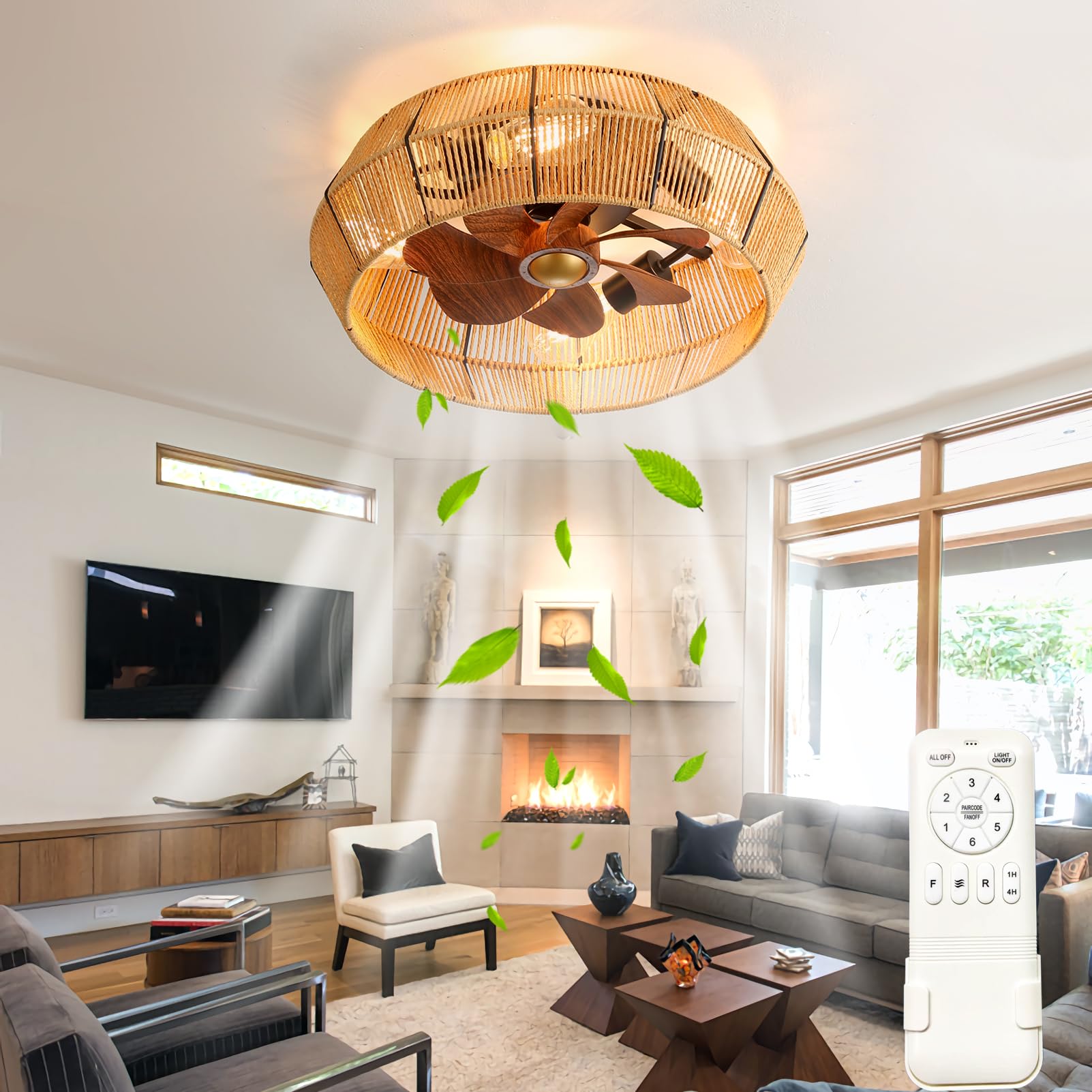 18.9" Cage Ceiling Fans with Lights Industrial Retro 6 Speed Timer E27 Ceiling Fans with Lamps Quiet Reversible DC Motors Paper Rope Vintage Ceiling Fan with Light and Remote For Bedroom Living Room