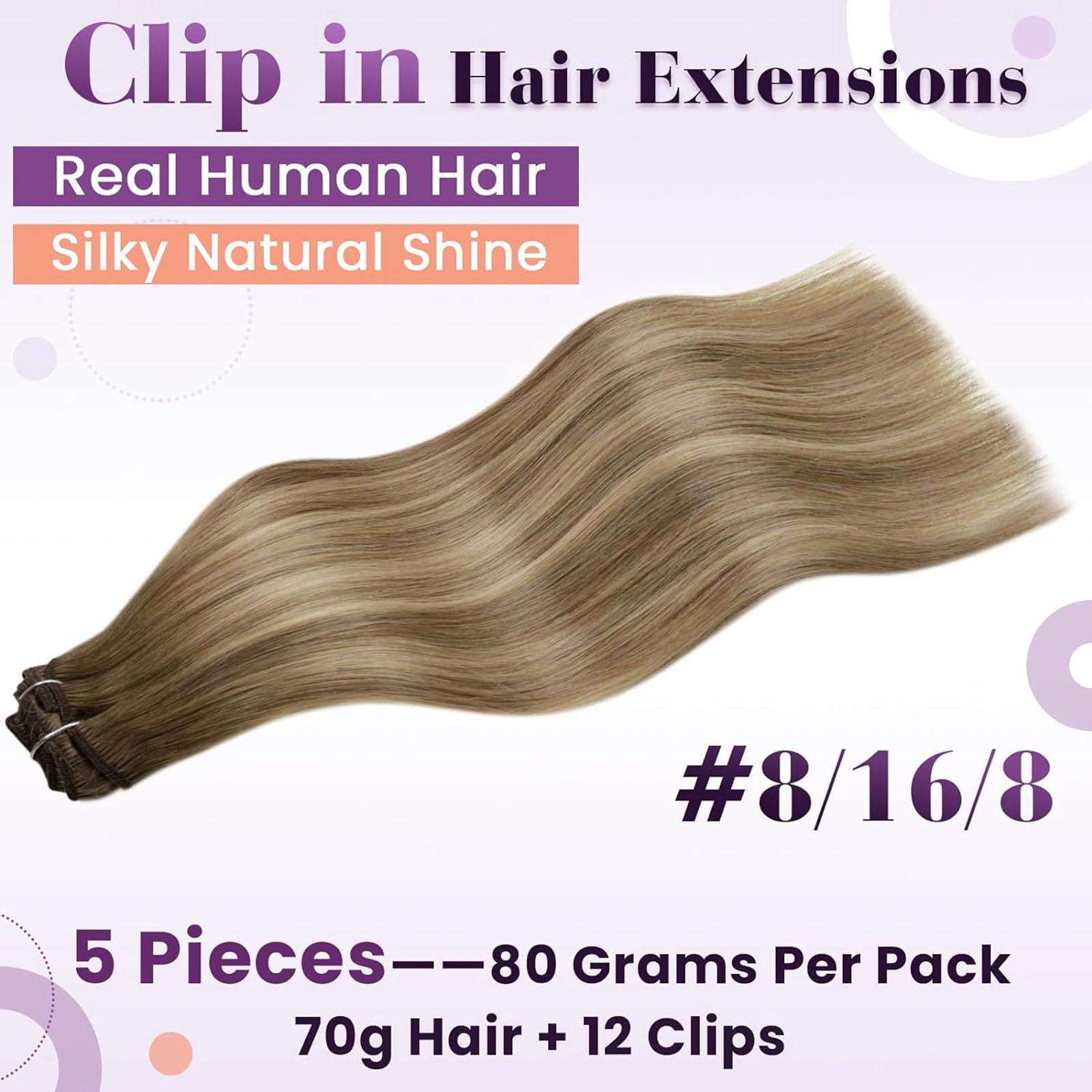 LaaVoo Clip in Hair Extensions Real Human Hair Light Brown Hair Extensions Clip in Straight Balayage Blonde Remy Hair Full Head Double Weft 80g 5pcs 20 Inch #8/16/8 - Image 2
