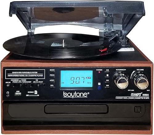 Miniatura 2 de Boytone BT-22MS, tocadiscos Bluetooth, radio AMFM, casete, reproductor de CD, 2 altavoces incorporados, capacidad de convertir vinilo, radio,