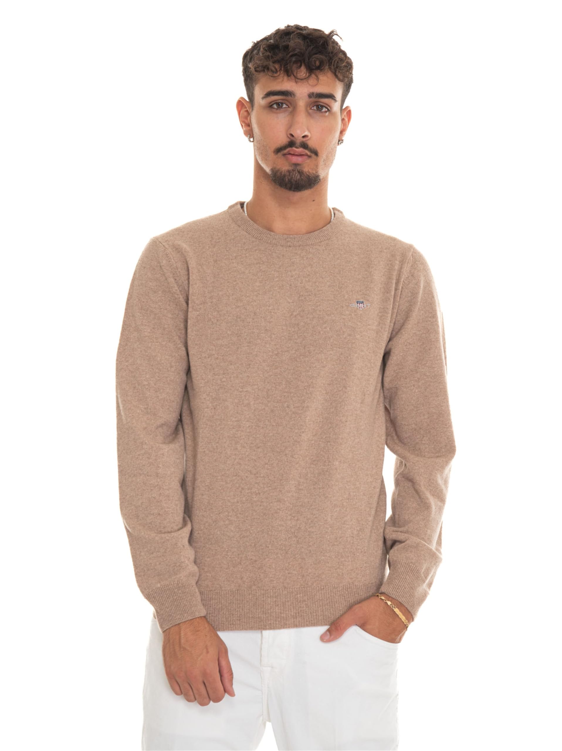 GANT Men's Superfine Lambswool C-Neck Pullover Sweater, Dk. Sand Melange, XL