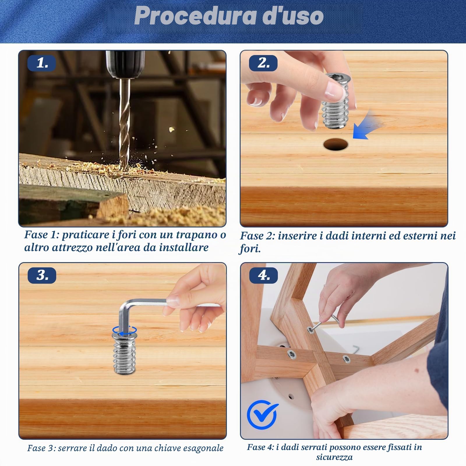 100 dadi di avvitamento M6 x 20 mm, inserto filettato in legno, inserti filettati in acciaio zincato, manicotto filettato a esagono incassato per mobili in legno