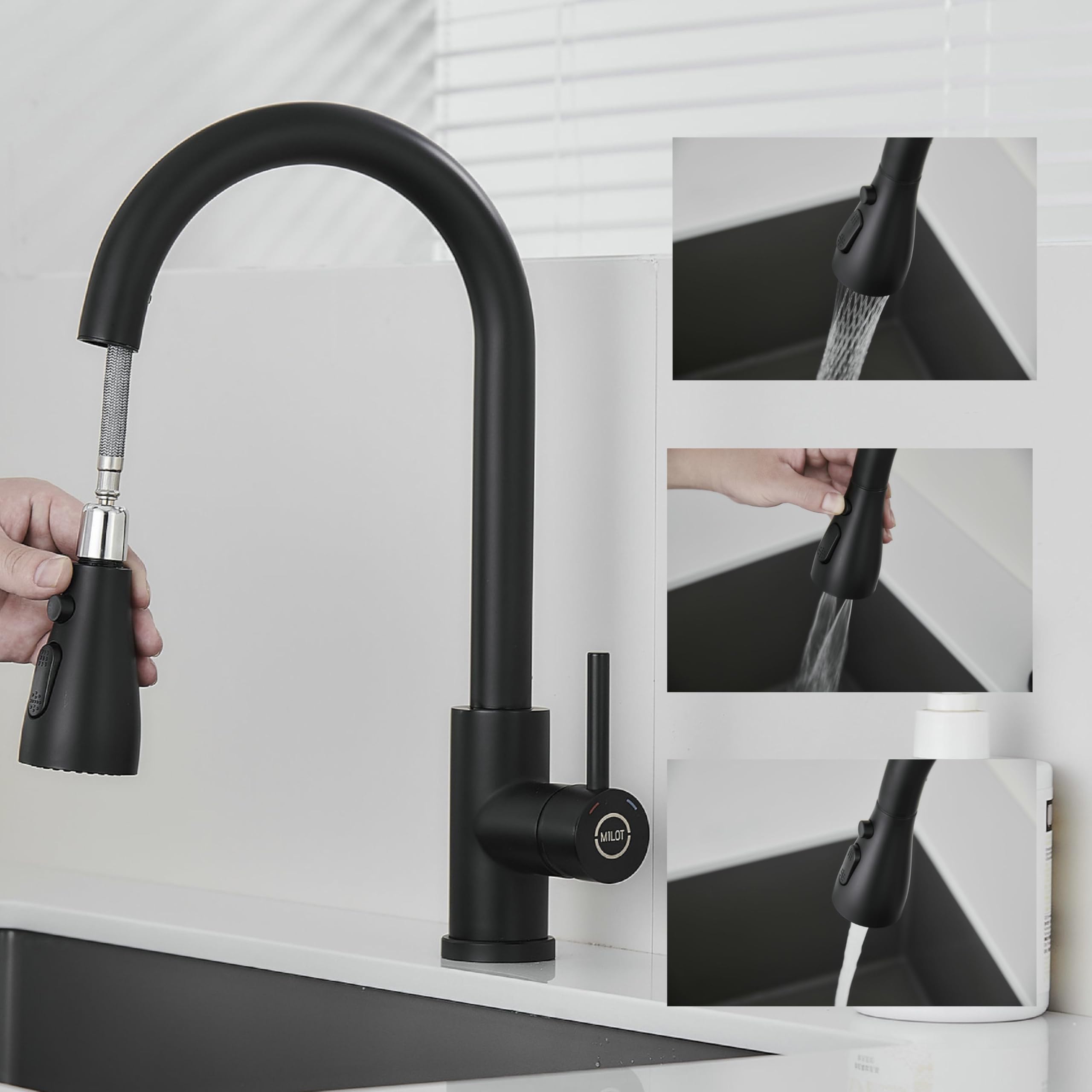 Milot Matte Black Kitchen Tap, 4 Spray Modes With Pause Mode, 360° Swivel Spout Kitchen Sink Taps, Kitchen Mixer Taps 1 Hole (Matte Black)