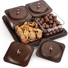 Serving Set Plastic Imitated Wood Serving Tray & 4 Snack Boxes with Lid, Ideal for Home, Party & Birthday