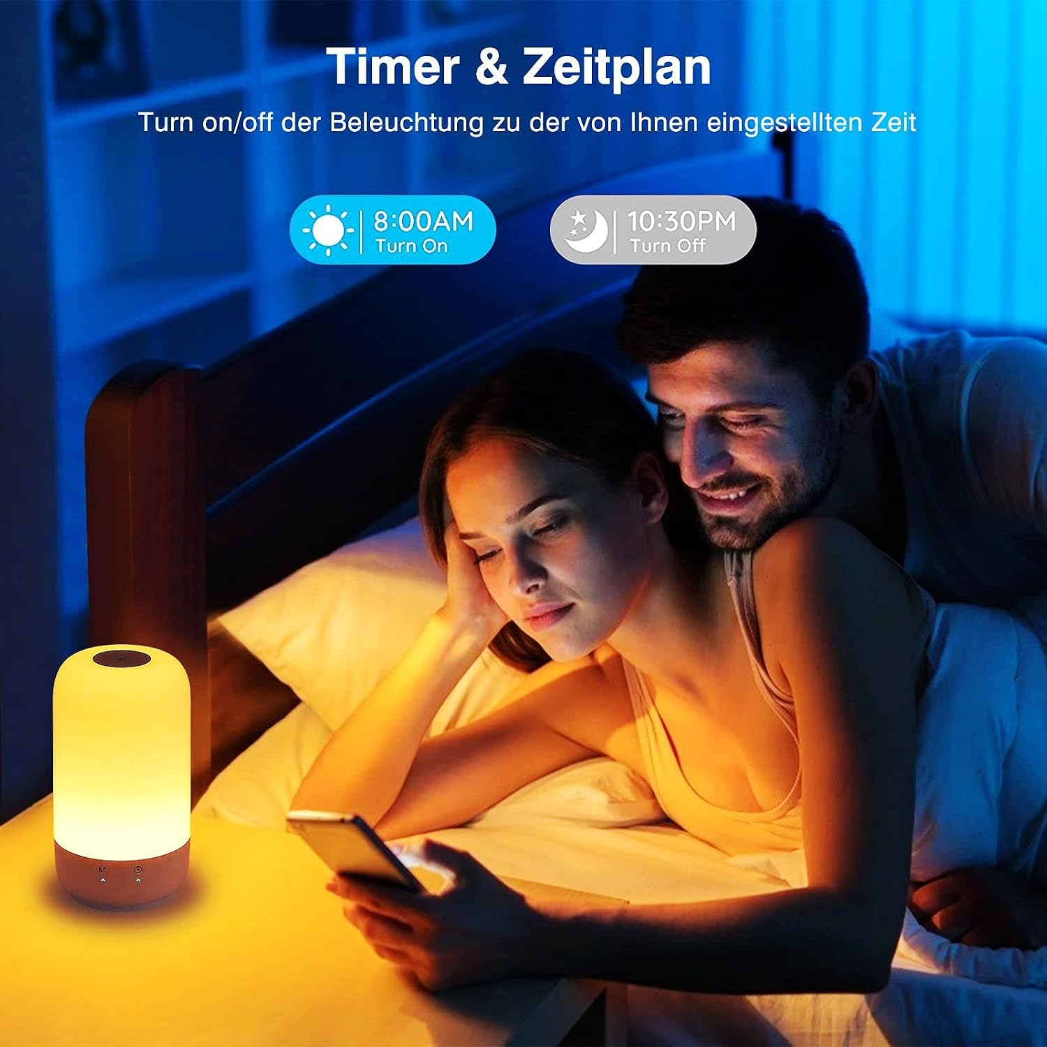 Couple in bed with the smart lamp set to a timer, showing 8:00 AM turn on and 10:30 PM turn off
