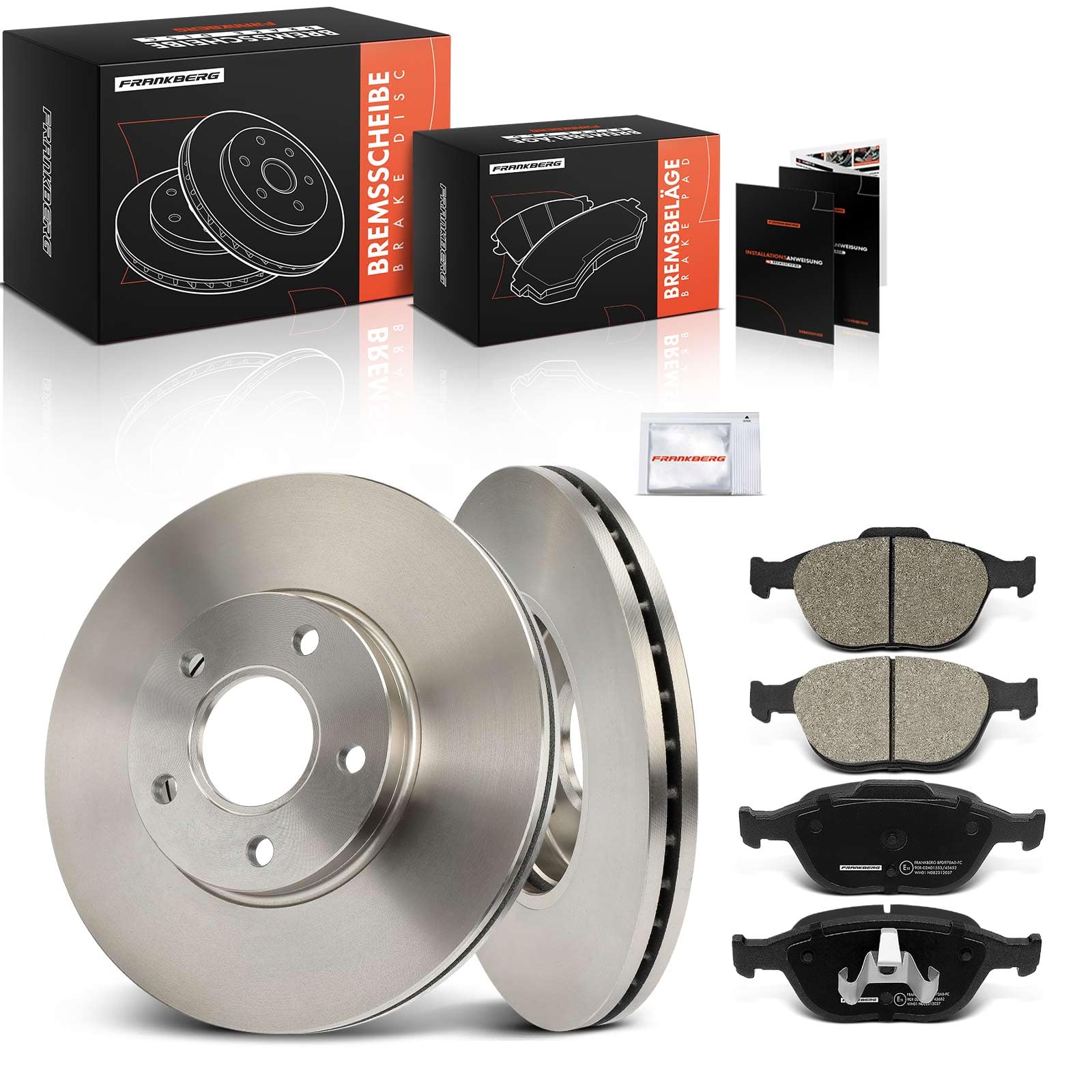 Frankberg 2 discos de freno 4 pastillas de freno | 2M5Z2001A5; Compatible con: Transit Connect P65 P70 P80, Tourneo Connect