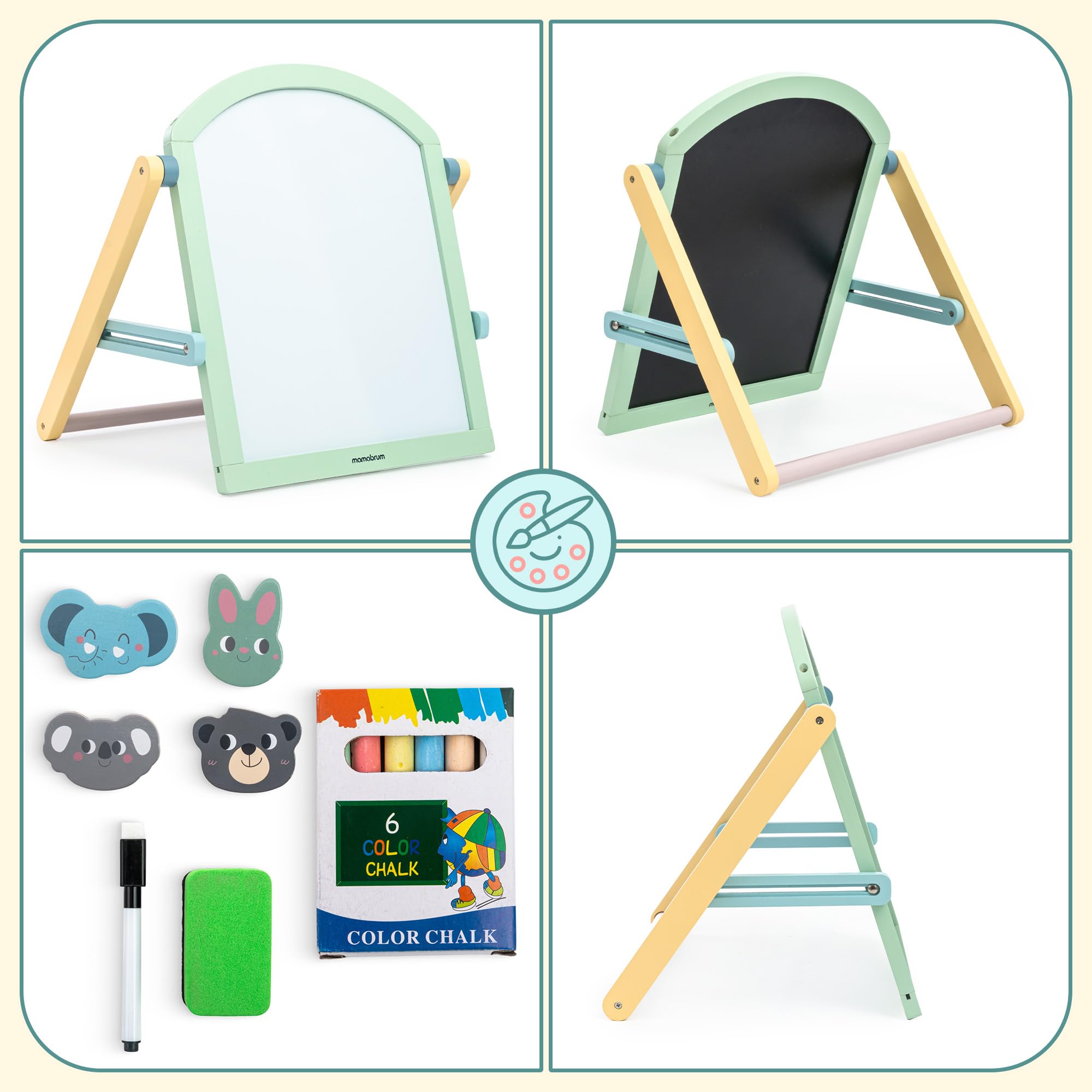 Mamabrum Doppelseitige Kinder Holztafel 2in1 Magnettafel Kreidetafel mit Ständer klappbar Lerntafel mit Zubehör zum Schreiben Malen für Kinder ab 3 Jahren