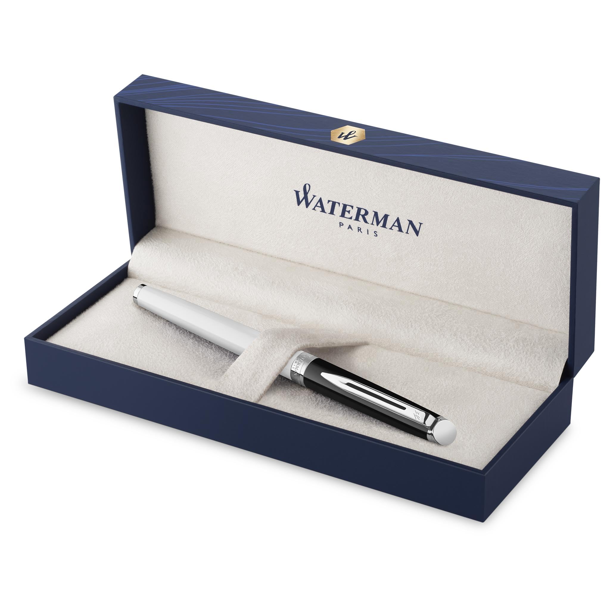 Waterman Hémisphère Roller con incisione – Strumento di scrittura di lusso personalizzato – Elegante penna da scrittura come idea regalo per donna e uomo, inchiostro blu (BLOCK BLACK&WHITE)