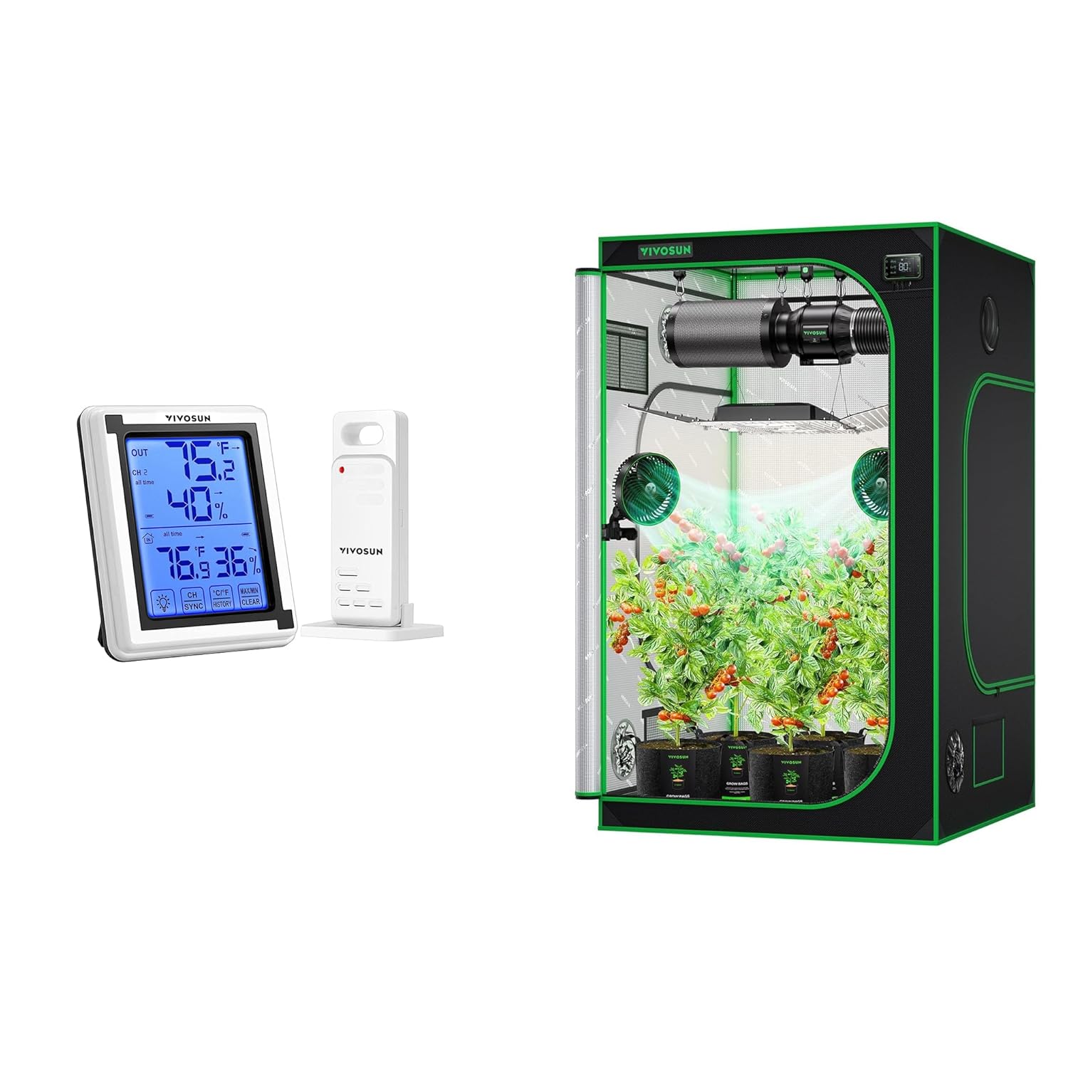 VIVOSUN Indoor Outdoor Thermometer Wireless Digital Hygrometer Temperature and S448 4x4 Grow Tent, 48"x48"x80" High Reflective Mylar with Observation Window and Floor Tray