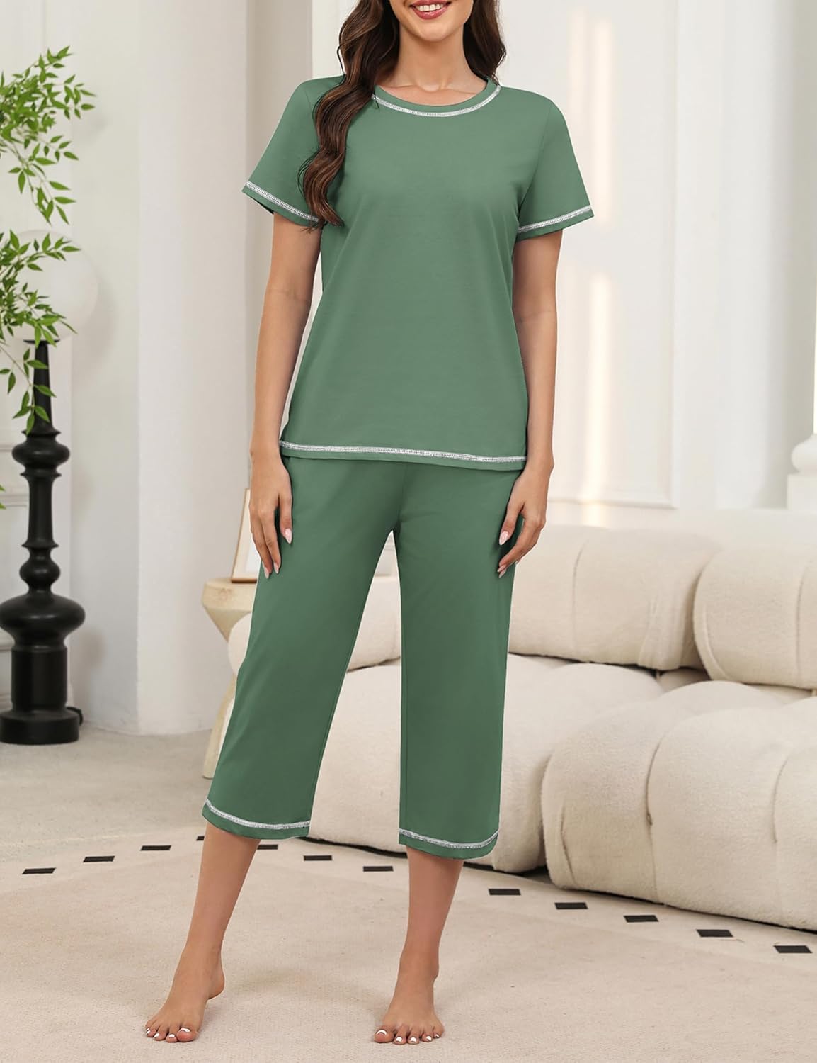KCW Womens Pajama Sets 100% Cotton Pjs Set Short Sleeve Tops and Capri Pants 2 Piece Lounge Set with Pockets S-XXL