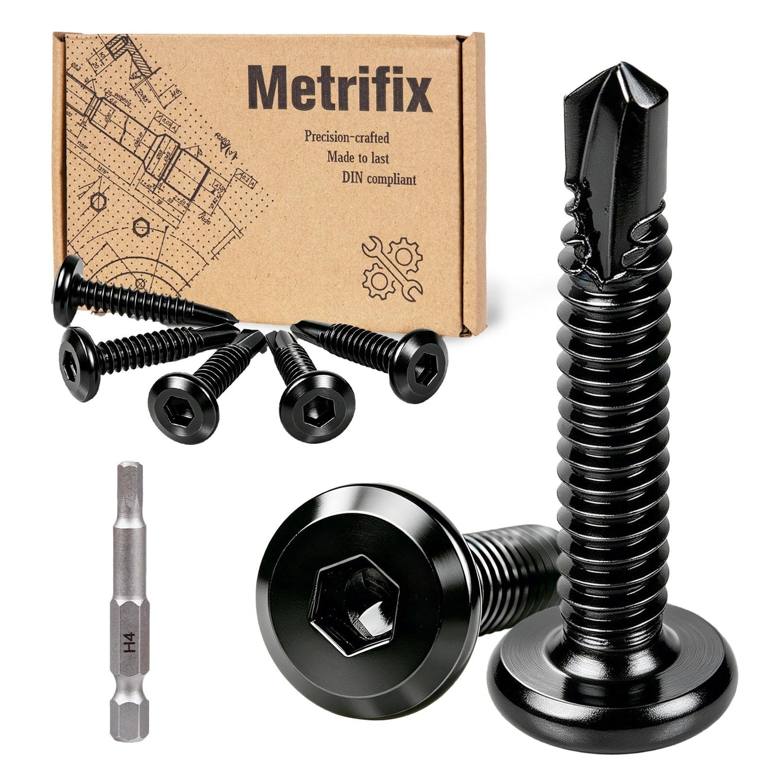Metrifix 120 Pcs Hex Socket Self Tapping Screws Black Zinc 4.8x19mm
