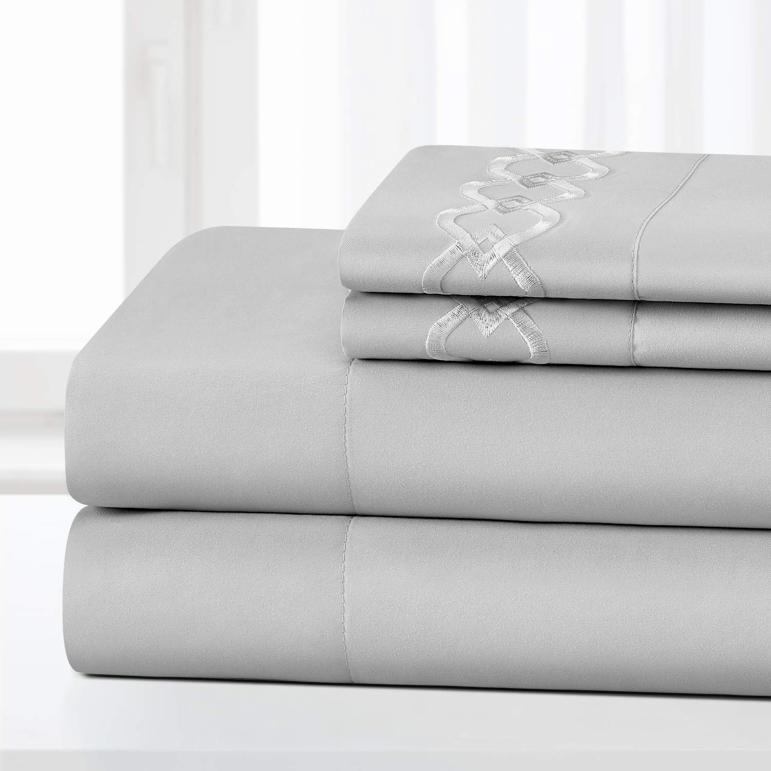 HOMEIDEAS4 Piece Buckle Embroidered Edge Bed Sheets Set Extra Soft Brushed Microfiber 1800 Bedding Sheets Deep Pocket, Wrinkle & Fade Free (Double, Light gray)