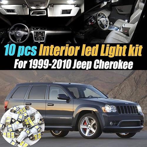 Paquete de 10 luces LED para interior de automóvil, color blanco superblanco, 6000 K, compatible con Jeep Grand Cherokee 1999-2010
