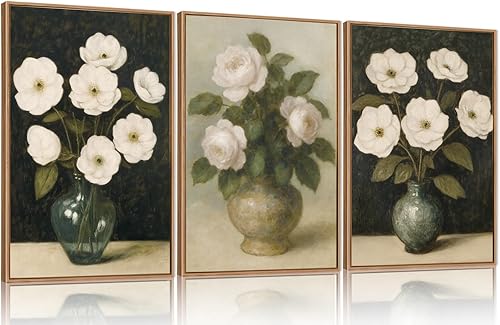 FWIEXA Juego de 3 lienzos de pared en lienzo floral oscuro vintage grande, pintura enmarcada de flores Moody, impresiones estéticas de campo