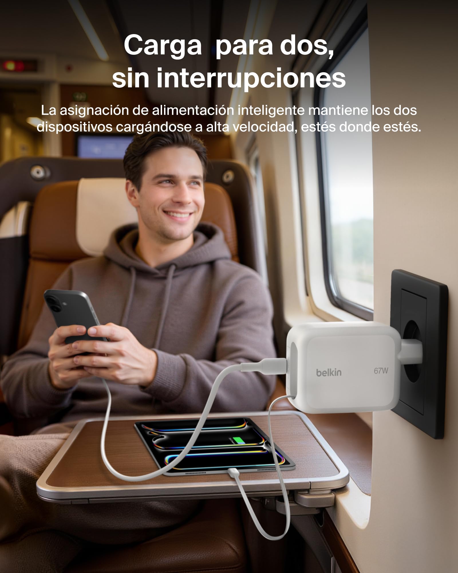 Belkin Cargador USB C con Cable USB C Retráctil y Puerto USB-C, Cargador Tipo C GAN, Carga Rápida para iPhone 17 y 16 Series, Galaxy S26 Series, AirPods, Tabletas, MacBook, Chromebook