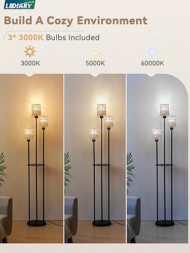 Miniatura 3 de LEDIARY Lámpara de pie bohemia de 65 pulgadas para sala de estar, lámpara de pie de ratán con estantes, 3 bombillas LED incluidas, lámpara de pie