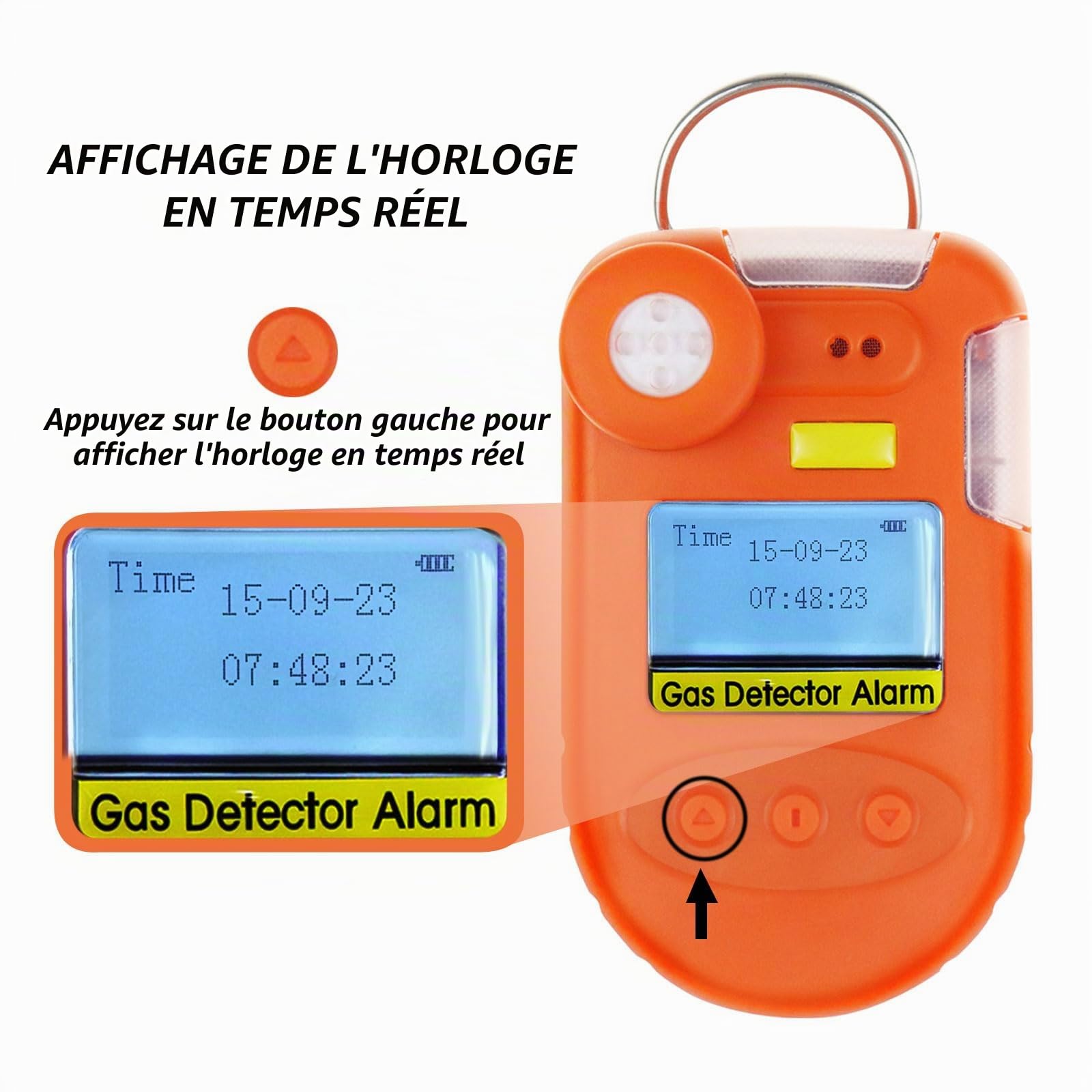 H2S - Détecteur de gaz numérique H2S à clipser - 0 ~ 100 ppm - Détecteur de sulfure d'hydrogène avec vibration, sonnerie et alarme visuelle, affichage en temps réel et date et fonction