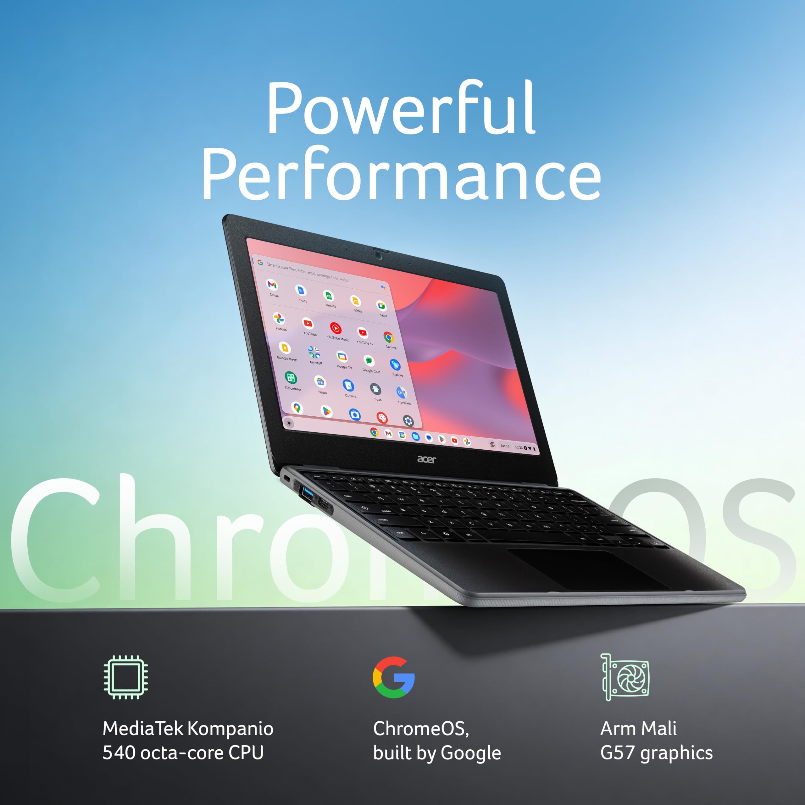 Acer Chromebook, MediaTek Kompanio 540 Octa-Core Processor, 4GB RAM, 64GB eMMC, Full HD, 11.6"/27.94cm Display, Chrome OS, Black, 1.2 KG, C725, Arm Mali G57 Graphics, WiFi 6E Laptop — Amazon image 3