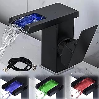 Comprar Grifo de baño con luces LED, color negro, grifo de cascada, grifo de lavabo de 3 colores, grifo de agua caliente y fría, grifo monomando moderno para baño (tubos de 60 cm incluidos)
