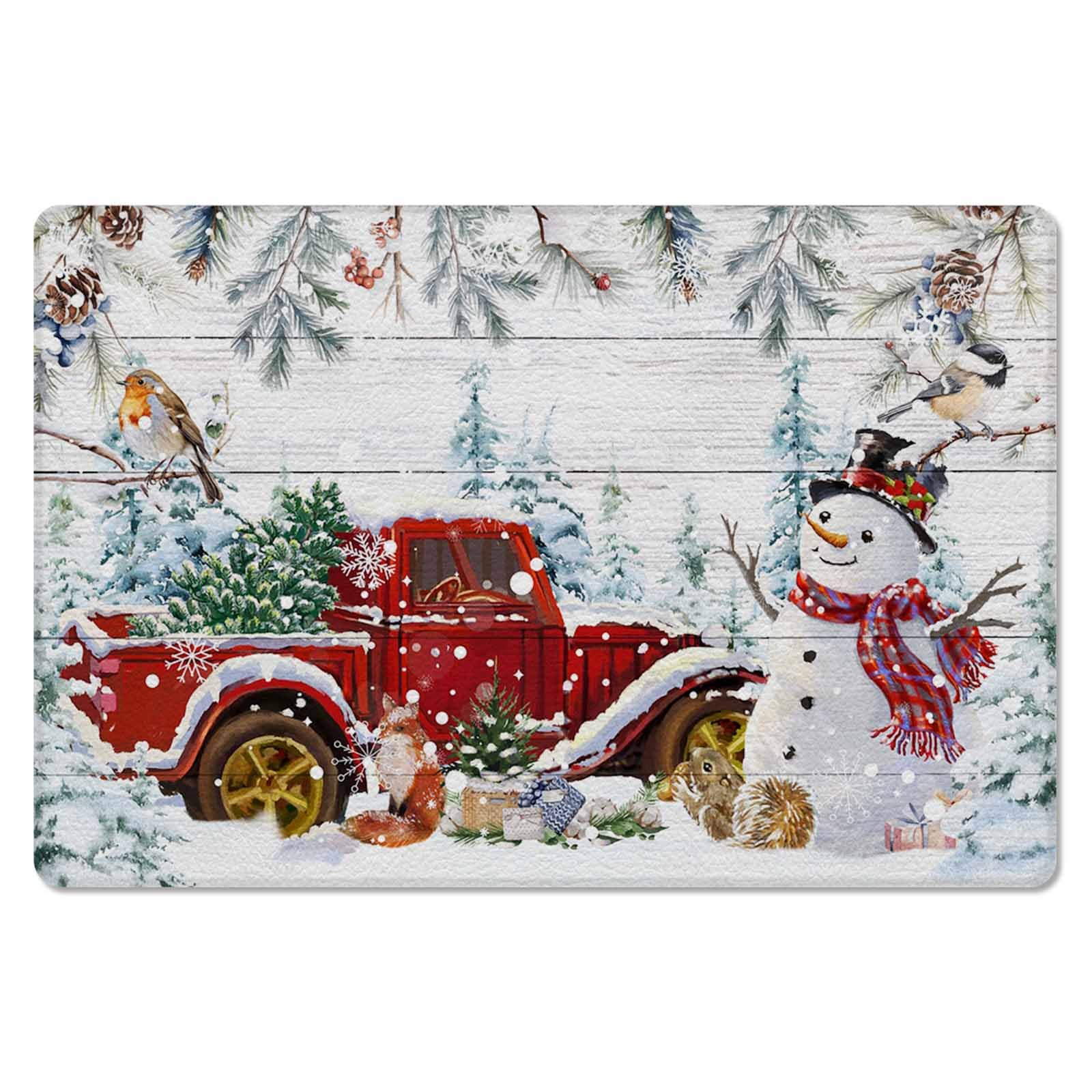 Blue Snowman Kitchen Bath Door Mat Cushioned Runner Rug,Washable Welcome Floor Sink Antifatigue Mat,Waterproof & Non-Slip Comfort Standing Doormat,Christmas Farmhouse Red Truck Pinecone 24