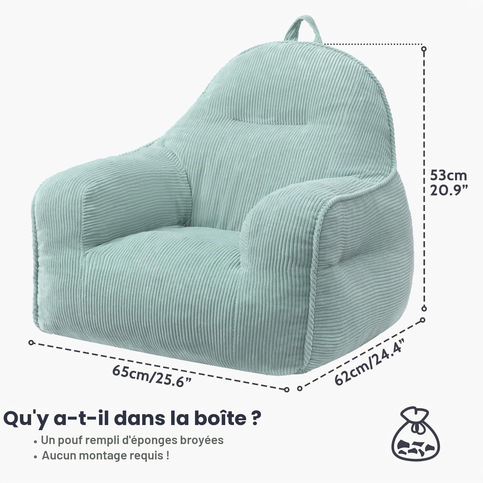 BEJOY Chaises pouf confortables, remplissage inclus, gris-vert