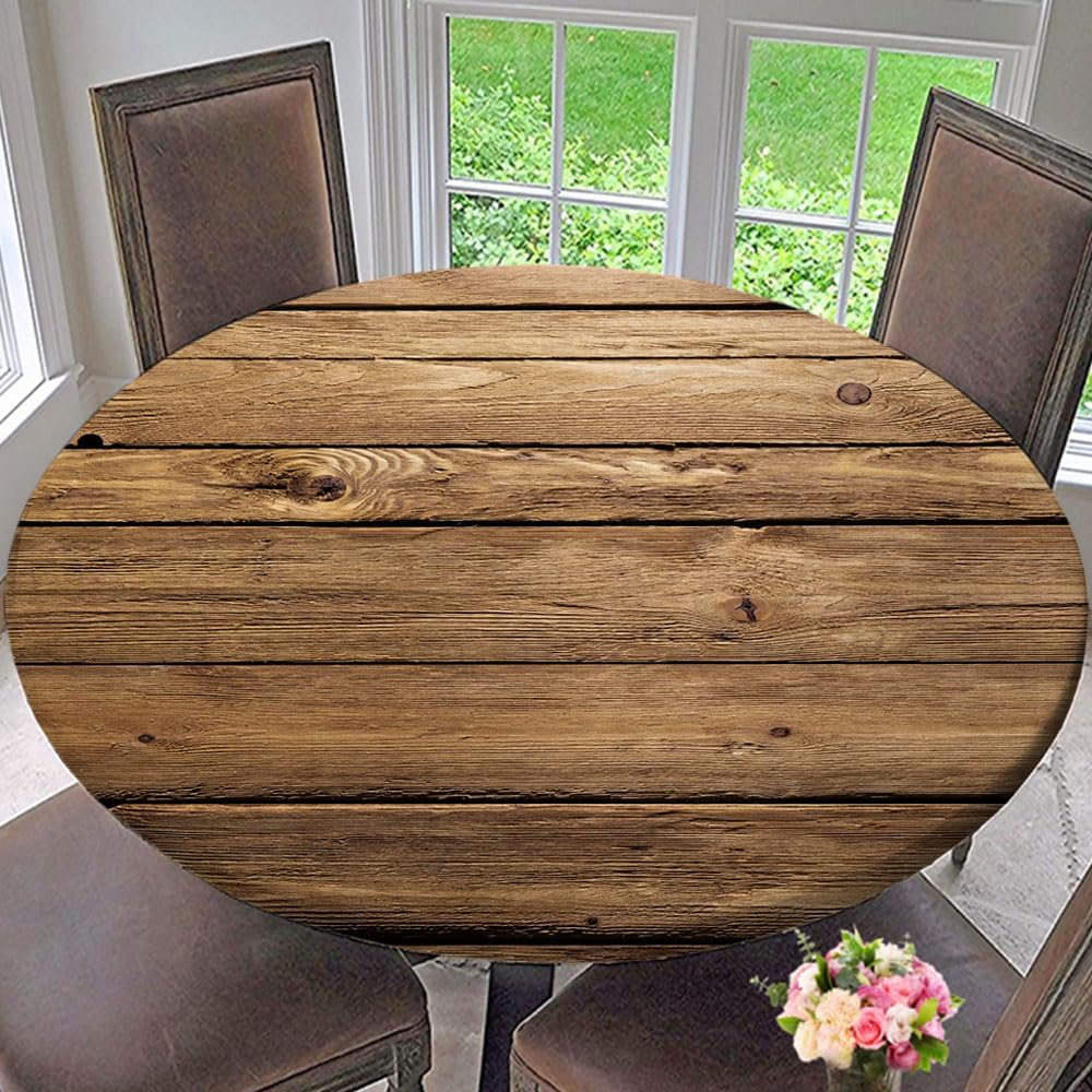 Wooden Vertically Striped Texture Background Tablecloth Round Elastic Table Cloths Wooden for Kitchen Dining Picnic Party Tables Fit for Diameter 58.2"-62.1" Round Table, Style 121