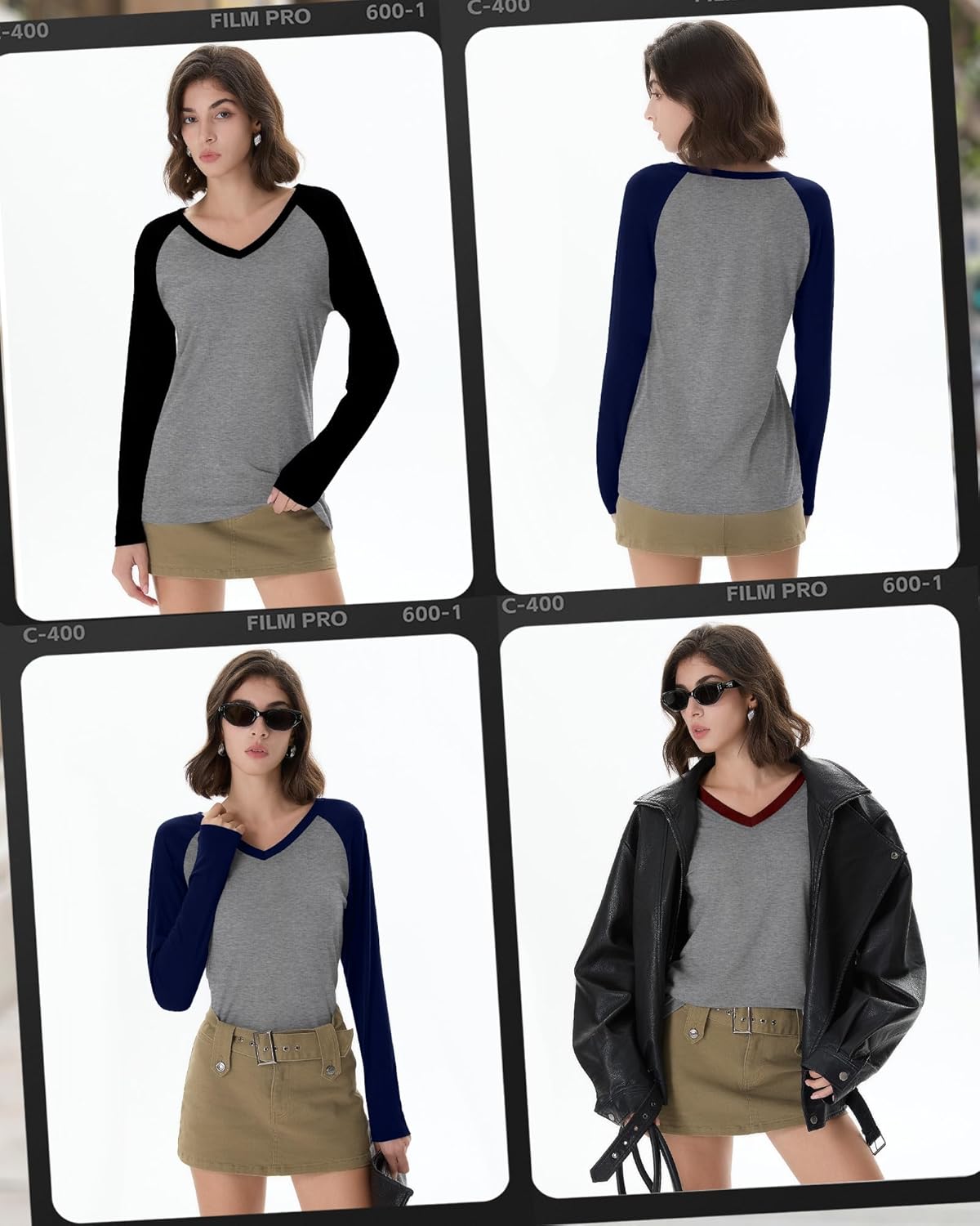 3 Pack Women's V Neck Long Sleeve Shirts, Raglan Color Block Tees Baseball Style Loose Casual Tops - Image 5