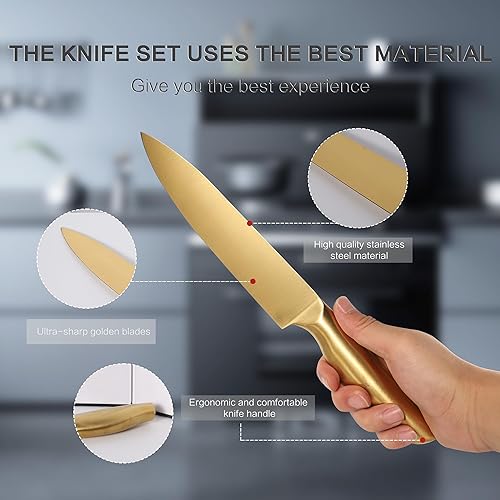 Miniatura 2 de Juego de cuchillos dorados, 8 unidades, acero inoxidable de titanio dorado, aptos para lavavajillas, con soporte para cuchillos acrílico, juego de