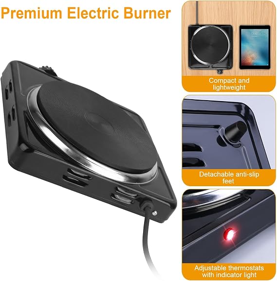 TeqHome Hot Plate, 1500W Portable Electric Stove for Cooking with 5 Levels Adjustable Temperature & Knob Control, Countertop Single Coil Burner Cast Iron Cooktop for All Cookwares Home Camp RV, Black