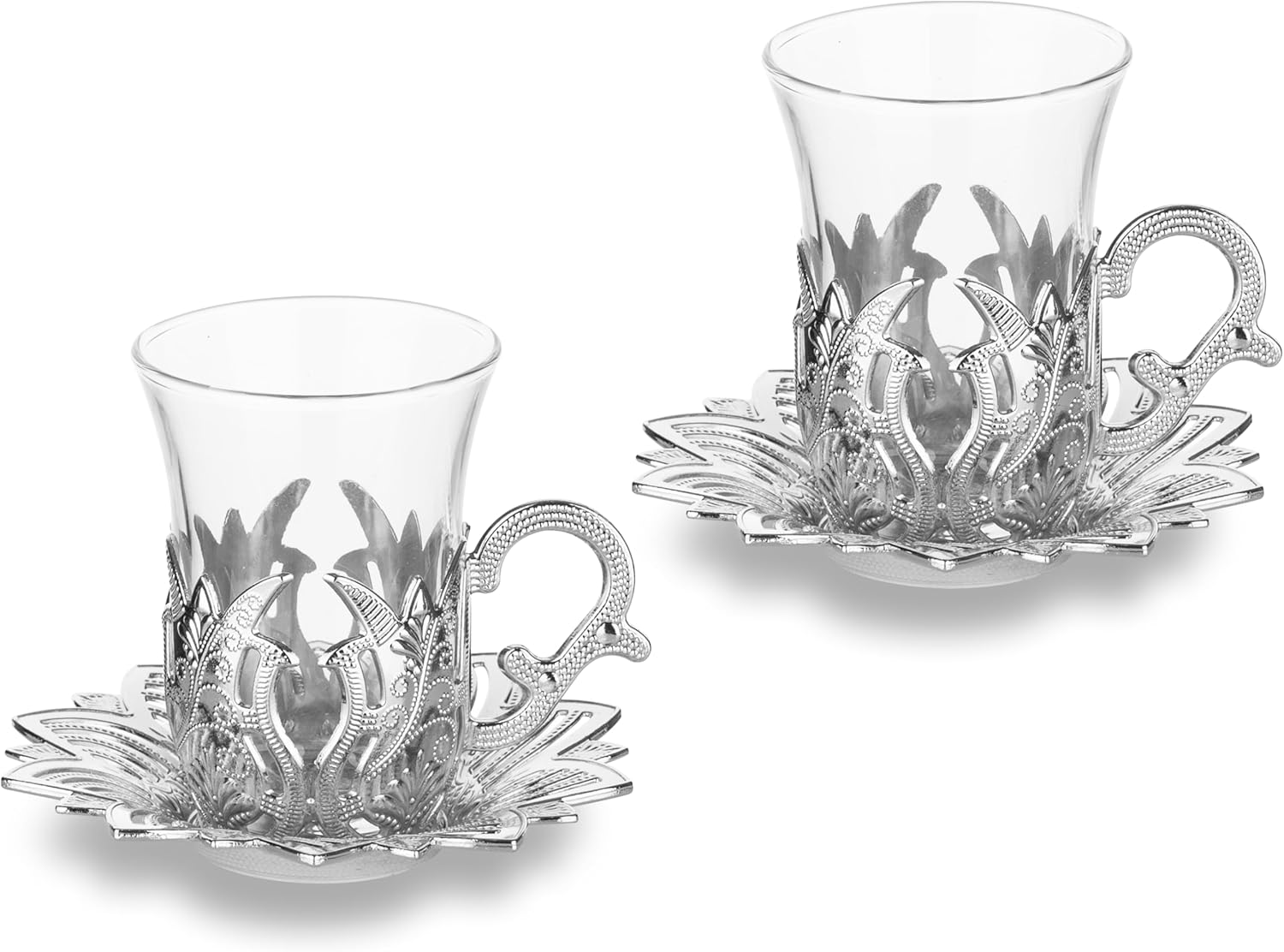 Alisveristime (Set of 2) Turkish Tea Set with Zamac Holders, Glass Cups, and Saucers – Ahsen Ottoman Design, 100ml Capacity, Available in Gold or Silver Color (Silver)