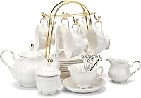 CHENPH 22-Piece Porcelain Tea Set for 6 - Elegant White Teapot, Cups, Saucers, Sugar Bowl, Creamer & Gold-Trimmed Spoons, Perfect Gift