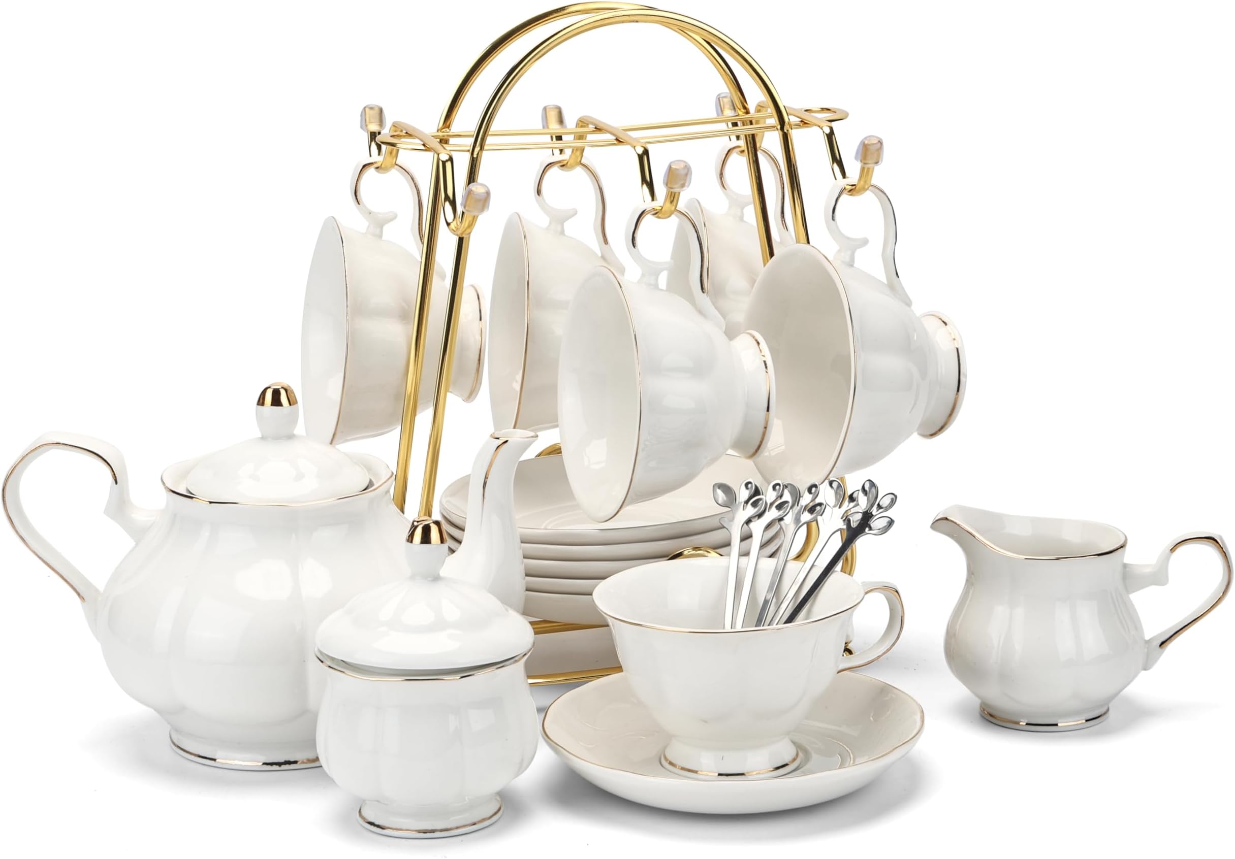 CHENP.HMC Tea Set 22 Pieces Porcelain Ceramic Coffee Tea Service Gift Cups Set for 6 Teapots, Sugar Bowls, Creams, Pitcher and Teaspoons (White3)