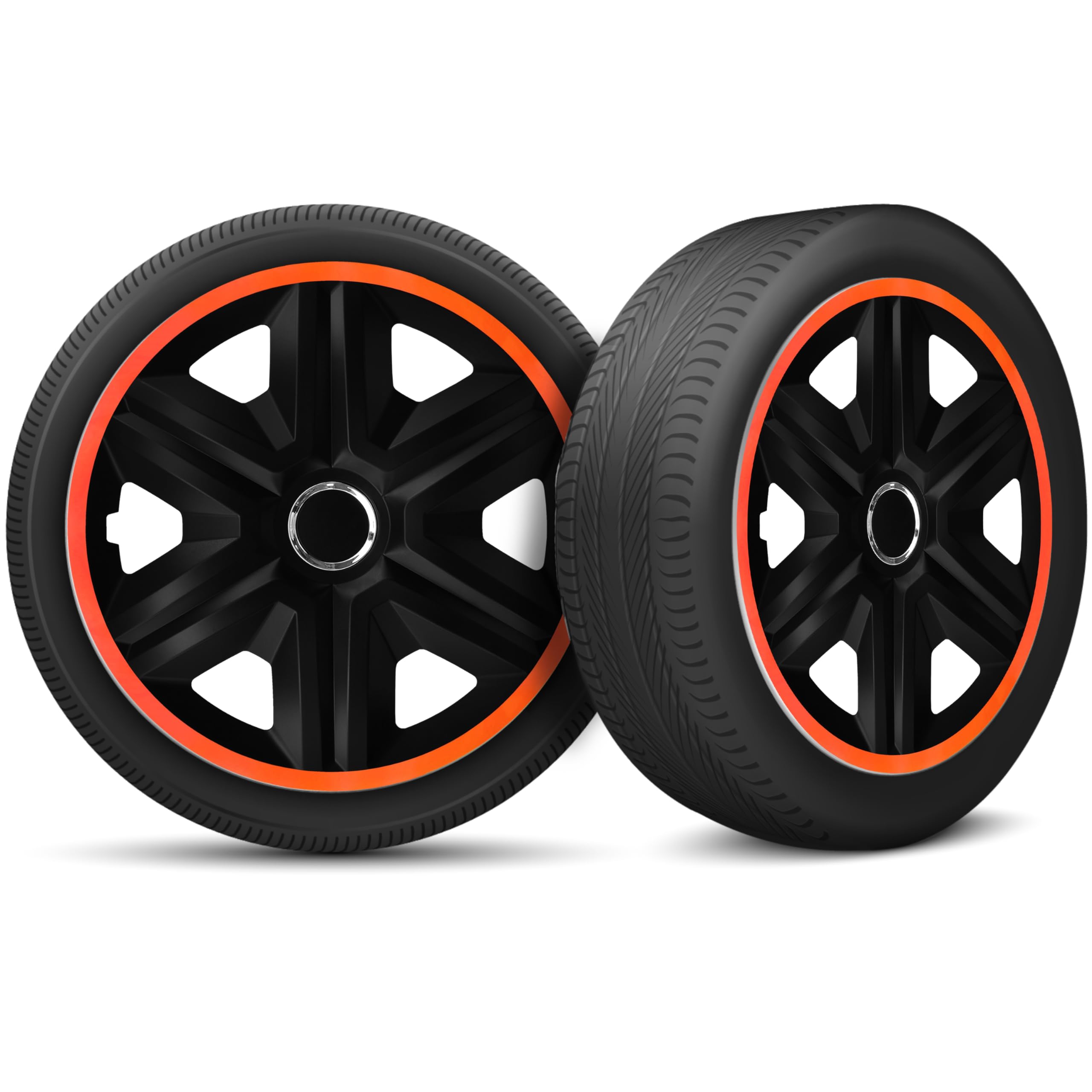 Moltico Enjoliveur - Set de 4 Universel Enjoliveurs - Adapté à Toutes Roues en Acier - Enjoliveurs pour Auto - Anneau de Sécurité Réglable - 16 Pouces - Orange-Noir