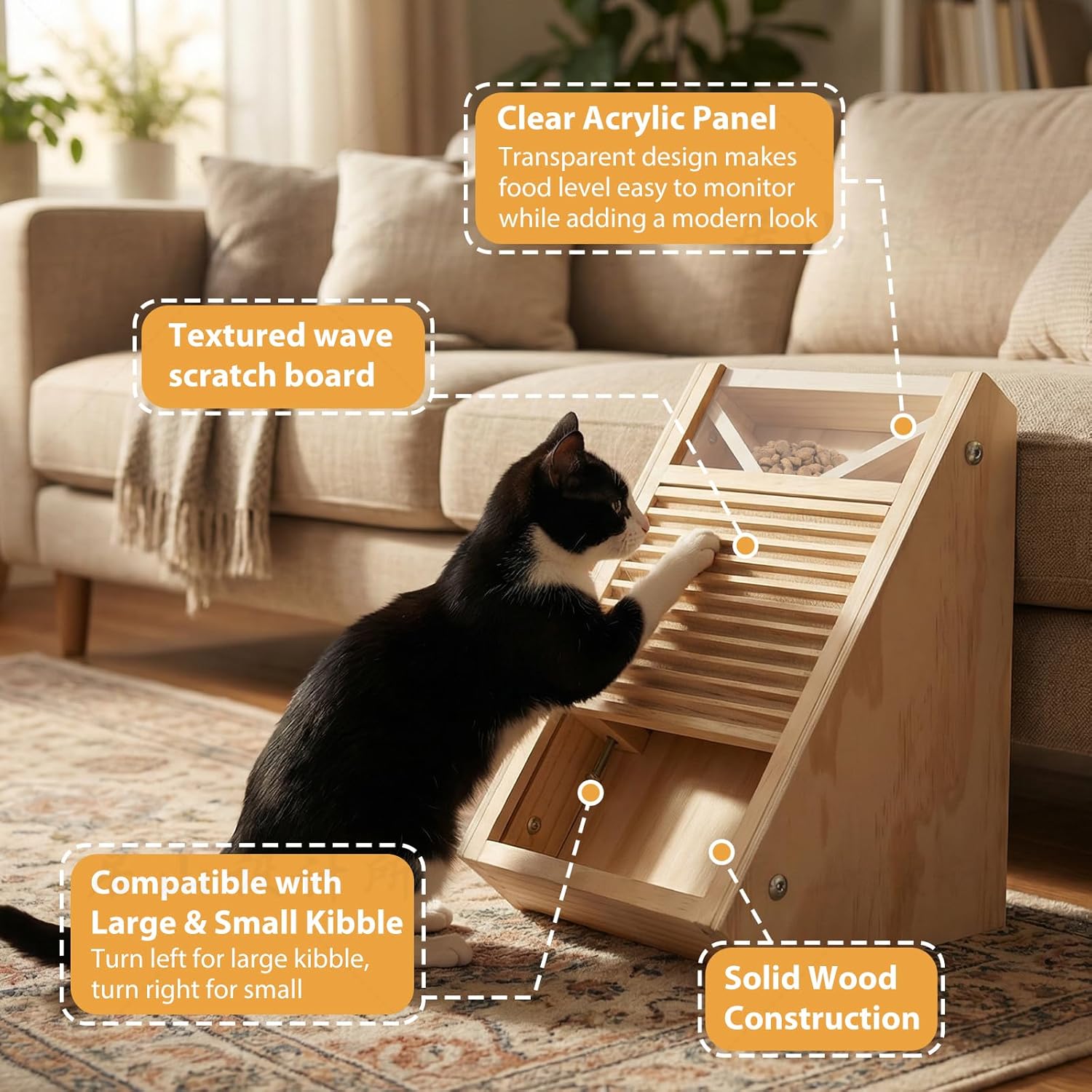 Interactive Cat Treat Toy – Wooden Food Dispensing Cat Toy for Indoor Cats, Paw-Activated Reward Feeder, Cat Enrichment & Puzzle Toy for Mental Stimulation
