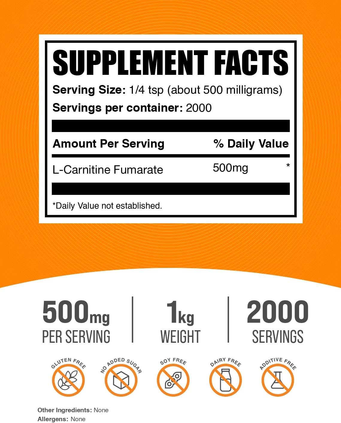 BulkSupplements.com L-Carnitine Fumarate Powder - Carnitine Supplement, Sports Nutrition, L-Carnitine 500mg - Gluten Free, 500mg per Serving, Gluten Free, 1kg (2.2 lbs) (Pack of 1)