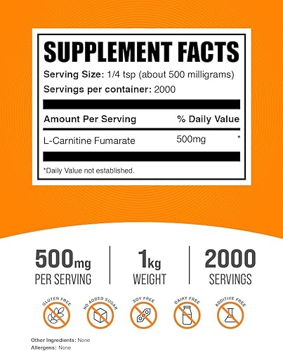 Miniatura 2 de BulkSupplements com L-Carnitina Fumarato - L-Carnitina 500 mg - L Carnitina sin OMG - Carnitina vegana - Quemador de grasa L Carnitina 22lbs - 22
