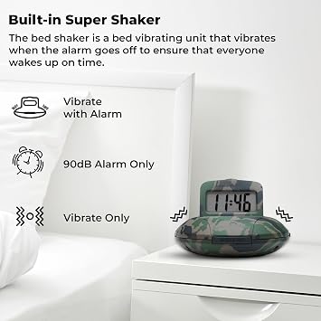 Sonic Alert Digital Alarm Clock - Small Travel Clocks for Heavy Sleepers - Battery Operated with Vibrating Bed Shaker - Green Camo