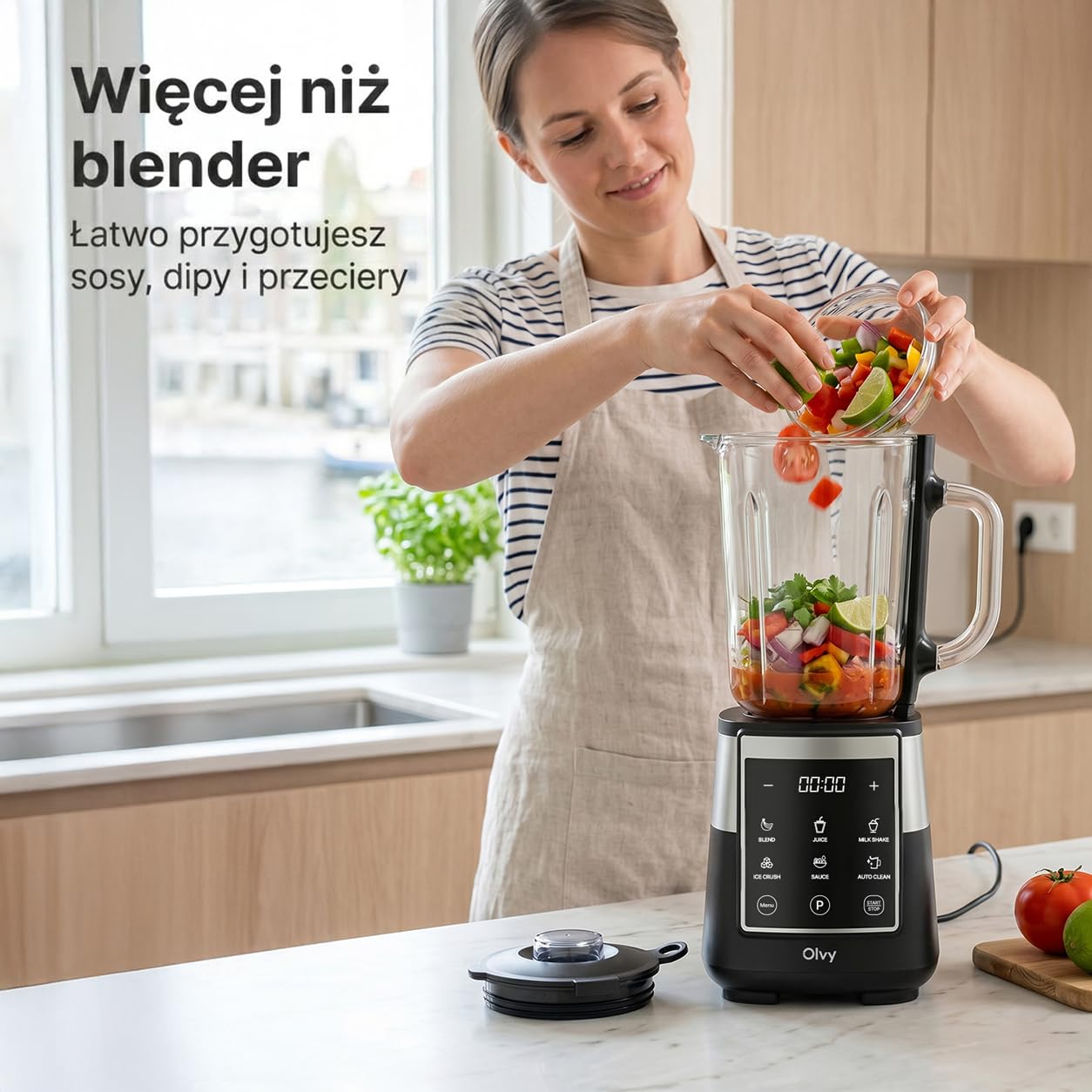 Olvy Blender Smoothie Maker 1500ml Szklany To-Go Timer LED 6 Noży-Black