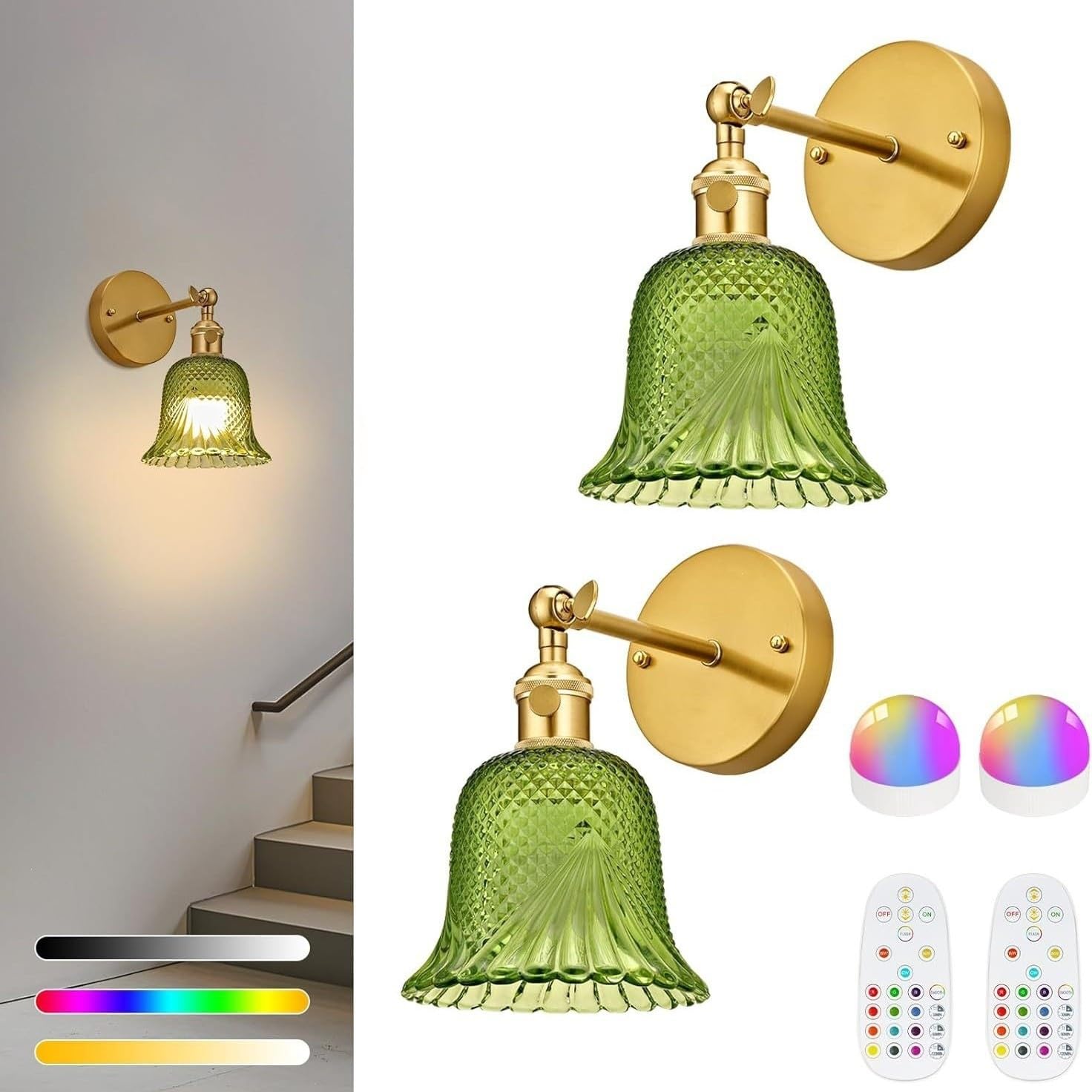 Kabellose Wandleuchte Akku Vintage Wandlampe Innen Ohne Stromanschluss mit Grün Glas Lampenschirm 3 Farben + RGB-Modus Gold Nachttischlampe mit Fernbedienung Schlafzimmerlampe 4000mAh Wiederaufladbar