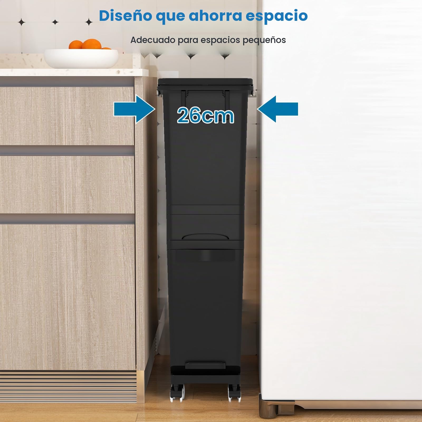 GIANTEX Cubo de Basura Estrecho 3 en 1 con Ruedas, 2 Compartimentos Extraíbles, Cajón Pequeño y Contenedor Inclinable, Bote de Basura con Gancho Laterales, Papelera de Reciclaje de Cocina (Negro)
