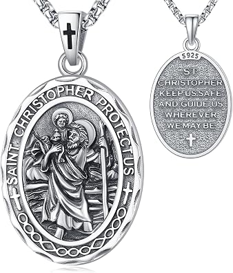 Saint Necklace 925 Sterling Silver Saint Michael/Christopher/Virgin Mary/Raphael/Anthony/Joseph/Benedict/Francis/Jude/Patrick/Peregrine Necklace Religious Amulet Medal Patron Saint Jewelry for Men with Gift Box