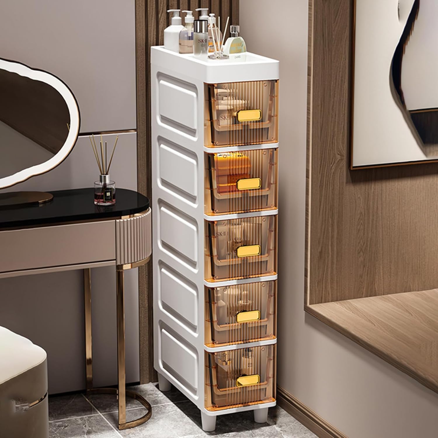 ANTOLE Bathroom Storage Cabinet,Narrow Corner Floor Cabinet,Slim Standing Storage Cabinet with Slide Out Drawers, Bathroom Shelves,Small Bathroom Storage Cabinet,Vertical Storage Cabinet (5tier-Brown)